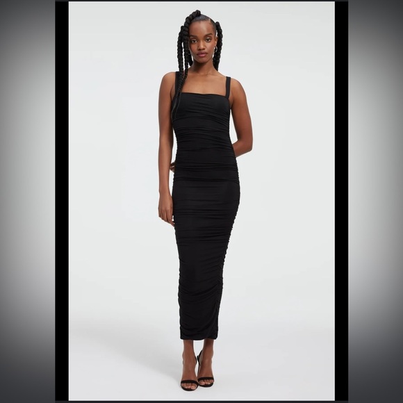 Good American Ruched square-neck stretch-rayon maxi dress Lg & Medium in black - Picture 11 of 16